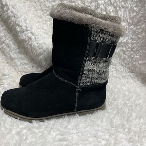 White Mountain black leather suede and gray knit boots faux fur lining size 8.5M